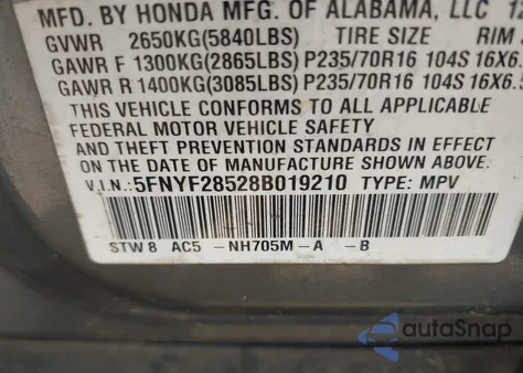 2008 Honda Pilot Ex-L from USA, damaged, VIN 5FNYF28528B019210